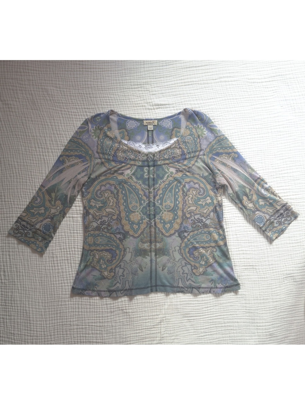Vintage Y2K Paisley Floral Top Periwinkle Lavender Sage Green Rhinestone L